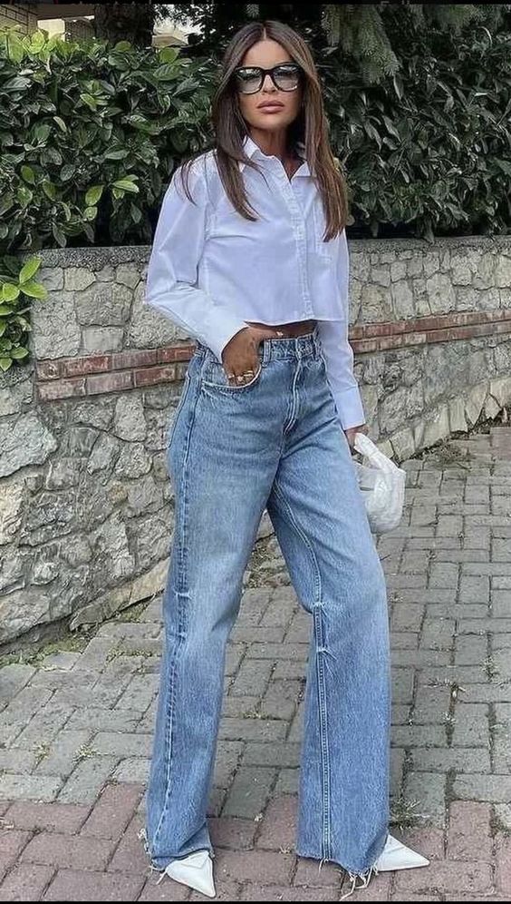 white cropped shirt with wide-leg pants and white heels